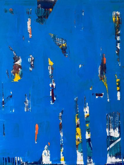 In this bold piece by Prabhakar Kolte, layers of vibrant blue dominate the canvas, allowing glimpses of rich colors to peek through. His unique approach to abstraction brings out a feeling of spontaneity, yet with a controlled rhythm.