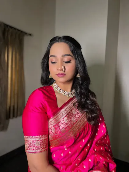 A beautiful portrait of an engagement bride. The makeup is soft and romantic, with a focus on her expressive eyes and radiant skin.