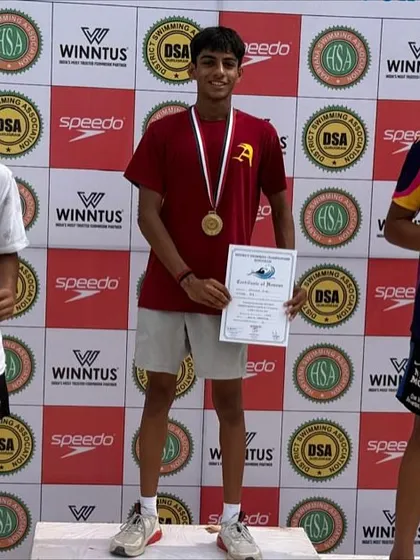 Aryaman Suri on the podium after bagging 5 gold medals at a district meet. His performance is a clear indicator of the progress made through our structured training.