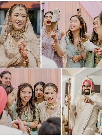 A collage of fun and candid moments from a Sikh wedding, including the 'joota chupai' ritual where the bride's side playfully steals the groom's shoes.