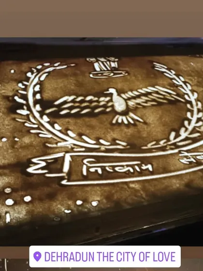 The logo of the Indo-Tibetan Border Police (ITBP) created in sand during a shoot in Mussoorie. The motto "Shaurya, Dridhata, Karm Nishtha" is clearly depicted, showing my ability to create art for our nation's armed forces and government bodies.