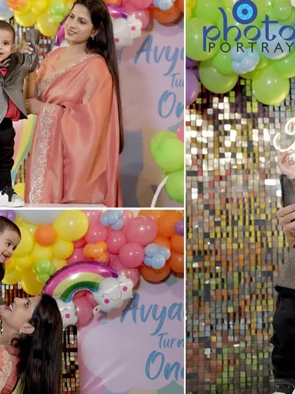 A collage of candid moments from a boy's first birthday, showing him with his parents and being playfully lifted in the air.