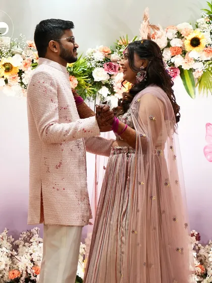 The happy couple sharing a dance during their Haldi ceremony. Our goal is to create a space where you can relax, celebrate, and be fully present in the moment.