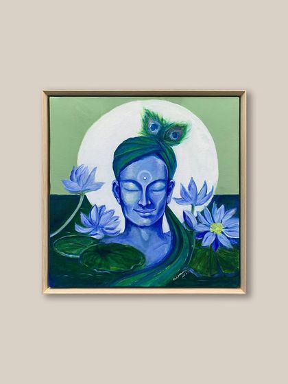 This serene painting of a deity is presented in a light-colored wooden floater frame. The natural wood tone complements the artwork's tranquil mood and organic elements.
