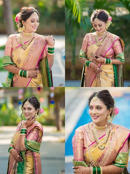 A collage showcasing a beautiful bride in her elegant pink and gold wedding saree, capturing her grace and happiness.