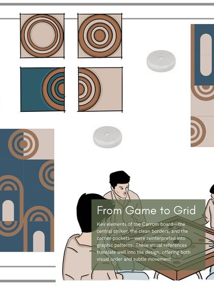 This mood board shows the translation of the Carrom board into a tile design. Key elements like the central striker, clean borders, and corner pockets were reinterpreted into graphic patterns that offer visual order and subtle movement.
