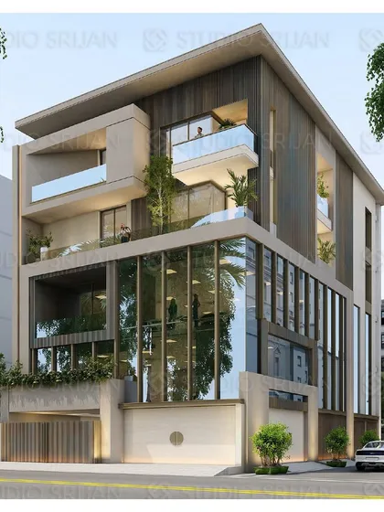 A 3D render for a 381 sq. yard mixed-use building in Naraina Vihar. The design separates the commercial glass base from the residential upper floors, which feature wood cladding and recessed balconies.