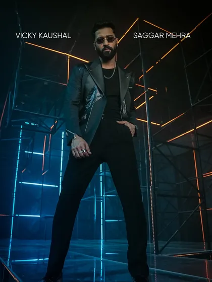 Actor Vicky Kaushal wearing a custom-designed black jacket with signature industrial zipper details. This look captures the modern, edgy, and confident energy of the Saggar Mehra man, tailored for high-impact moments.