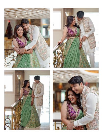 A collage of happy moments from their Roka ceremony, capturing their playful interactions on the staircase of a grand venue.
