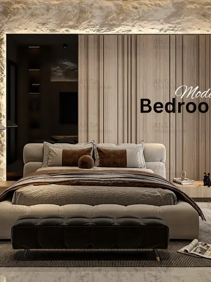A modern bedroom that plays with texture. The rough, stone-like wall behind the bed contrasts beautifully with the smooth, fluted wood panels, creating a design that is both rustic and contemporary.