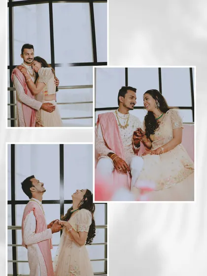A collage of happy and candid moments from an engagement shoot.