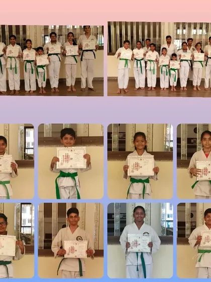 A collection of photos of our students who have graded to green belt. This intermediate rank shows they are developing greater control, power, and understanding of kata.