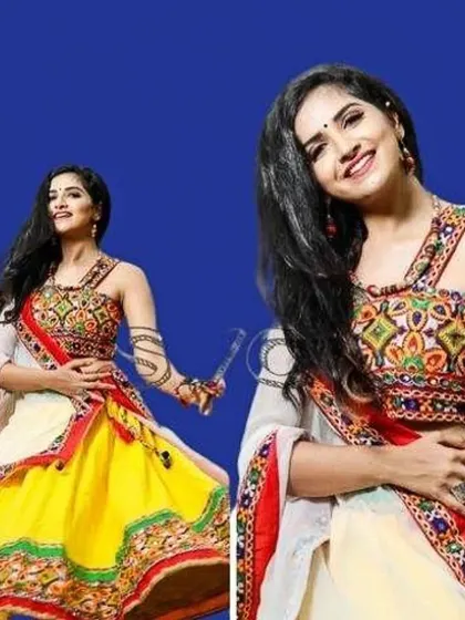 A promotional image showing two variations of a dandiya-special chaniya choli. Both feature a heavily embroidered blouse and a flared skirt, one in yellow and one in off-white, showcasing different styling options.