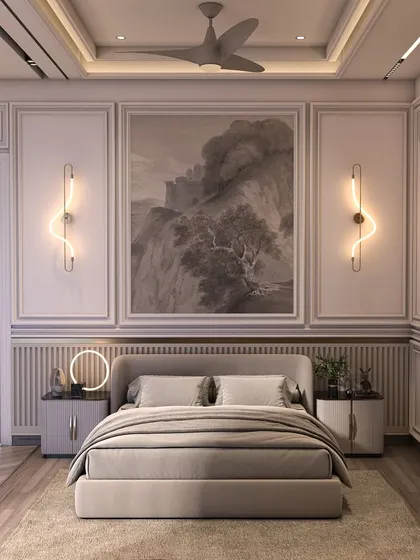 Designed for the grandparents, this room exudes timeless warmth and comfort. Classic wall moldings, elegant sconce lighting, and a calm, neutral color palette create a serene and traditional space.