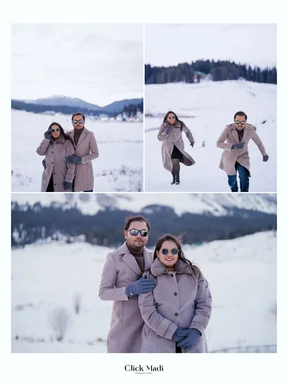 A collection of moments from a Kashmir pre-wedding shoot, blending posed portraits with candid action shots to tell a complete story of their snowy escape.