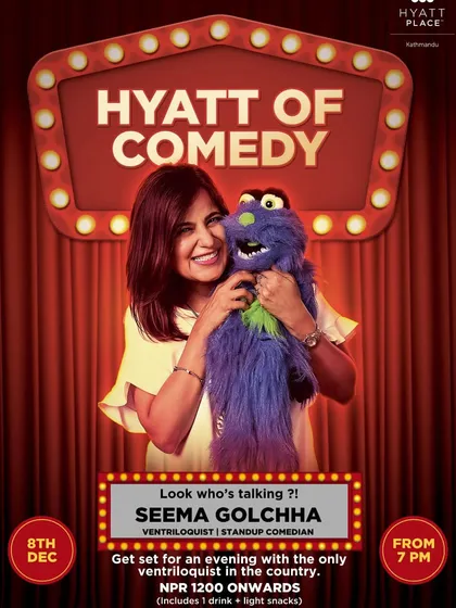The poster for my "Hyatt of Comedy" show in Kathmandu, a fun evening of stand-up and ventriloquism.