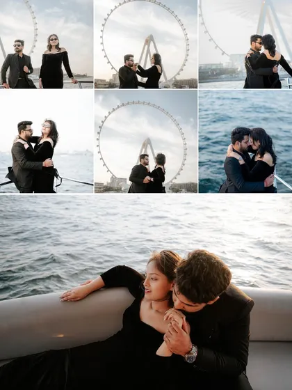 A collage showcasing the variety of romantic moments from a yacht pre-wedding shoot in Dubai. From playful to passionate, we capture the full spectrum of your connection against a stunning maritime backdrop.