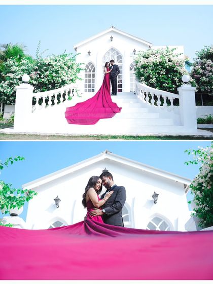 The vibrant pink gown creates a stunning visual against the white architecture, with the flowing fabric filling the frame in the lower shot for a dramatic effect.