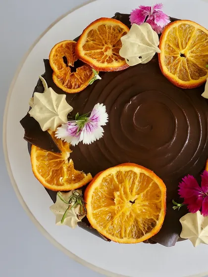A top-down view of the Chocolate Orange Naked Cake. The rich chocolate ganache swirl is the perfect canvas for the bright, candied orange slices and delicate edible flowers.