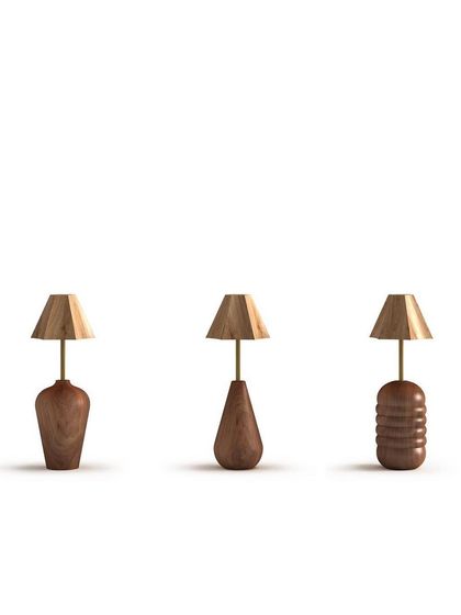 Three table lamps from the collection, highlighting the different hand turned wooden base shapes. These pieces reflect our commitment to Indian craftsmanship and creating beautiful, everyday objects from wood.