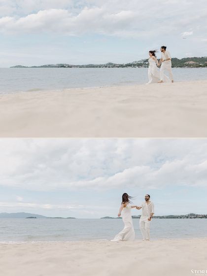 A two-photo layout of Ishita and Manpreet enjoying a walk on a serene beach in Thailand.