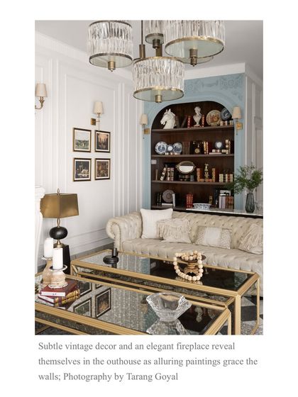 A snippet from our Elle Decor feature, highlighting the subtle vintage decor and elegant fireplace in this serene retreat.