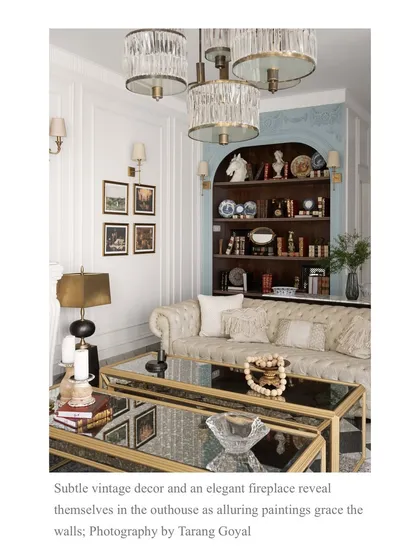 A snippet from our Elle Decor feature, highlighting the subtle vintage decor and elegant fireplace in this serene retreat.