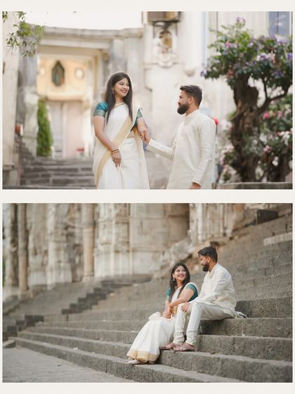 This collage shows the couple interacting on the ancient steps of Banganga. It captures both a posed, elegant shot and a more candid moment of them sitting and talking, showing the versatility of this beautiful heritage location.