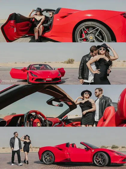 A collage of glamorous shots with a red Ferrari in the Dubai desert. This series showcases different angles and poses, highlighting a luxury pre-wedding shoot theme.