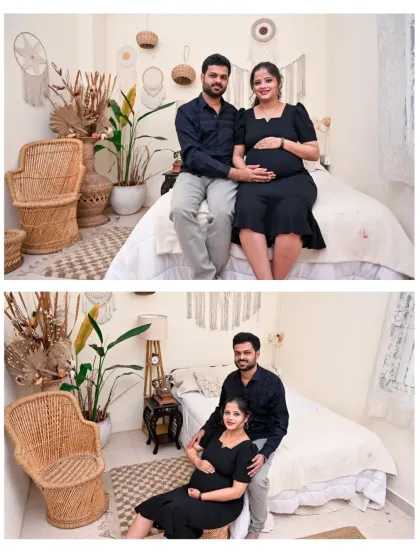 A pair of photos showing two different couple's poses within the same Boho bedroom setup. This demonstrates how we can create a variety of shots in one versatile space.