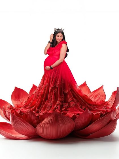 A vibrant fantasy portrait featuring a mom-to-be in a red gown, seated within a giant red lotus flower. This unique and artistic concept makes for a stunning and memorable photo.