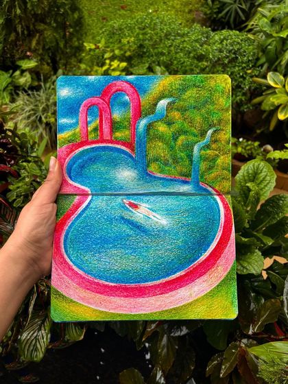 'The Barbie pool of my dreams,' a vibrant colored pencil drawing of a surreal swimming pool landscape.