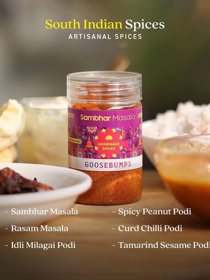 Here is a glimpse into my range of authentic South Indian spices. From Sambhar and Rasam Masala to a variety of podis, each one is crafted to bring the traditional flavours of the south to your kitchen.