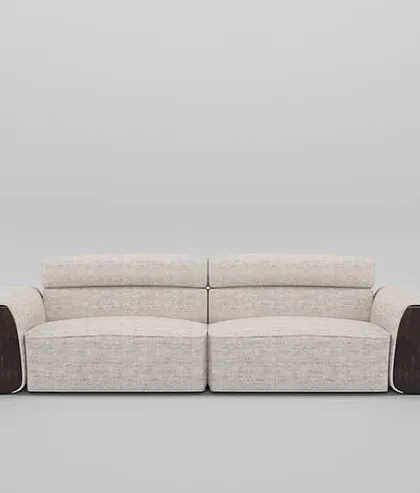 This sofa, with its dual cushions and clean lines, offers a contemporary look. The rich wood accents on the arms add a touch of warmth and sophistication.