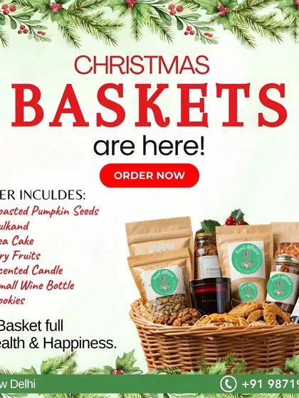 Our Christmas baskets are here to spread the holiday cheer. This hamper includes a mix of healthy and indulgent treats like roasted pumpkin seeds, tea cake, dry fruits, and cookies.