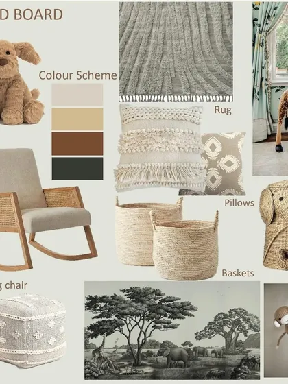 Every project starts with a vision. This was the mood board I created for the nursery, outlining the color scheme, textures, and key furniture pieces that would bring the serene safari theme to life.