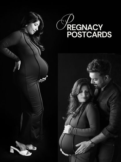 These "Pregnancy Postcards" in black and white are designed to be classic and striking. The focus is on the beautiful silhouette of the baby bump and the intimate connection between the couple.
