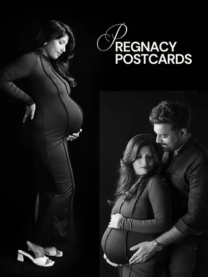 Styled as 'Pregnancy Postcards', this black and white diptych features an elegant solo portrait and an intimate couple shot, creating a classic and emotional pairing.