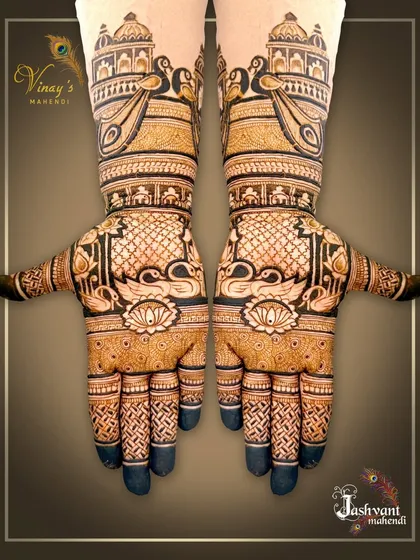 A powerful, symmetrical design featuring swans on the palms and peacocks inside domes on the wrists. The dark, solid fingertips create a bold contrast.
