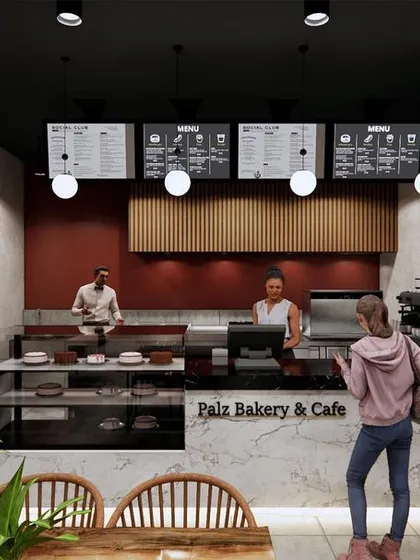 A render of the cafe's counter area, showing the material palette of marble, wood, and dark accents. This visualization helps the client approve key details like menu placement, lighting, and workflow before construction.