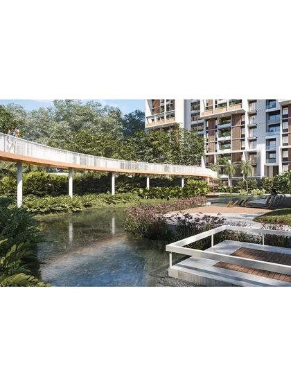 A rendering of the elevated walkway in the 'Poetry of Earth' project, which meanders through a dense, naturalistic garden and over a water body. This feature provides a unique way for residents to experience and connect with the landscape.