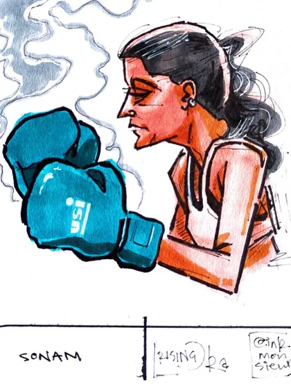 "The coziest workout space anyone can ask for!" A review from one of our first members, paired with a custom illustration of her boxing.