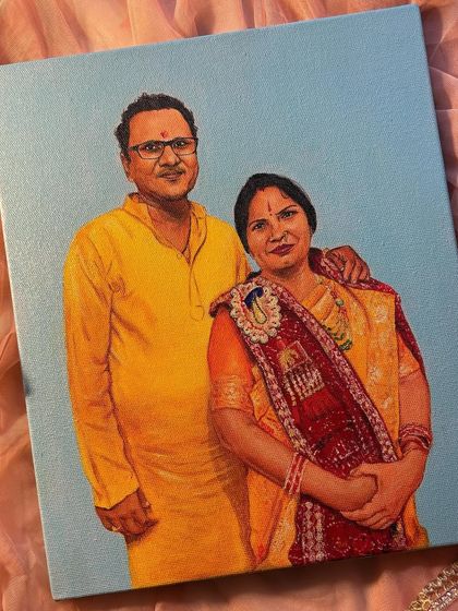 A lovely portrait of a couple, painted with vibrant yellow and orange tones against a soft blue background. This piece was part of a series of commissions from a busy month.
