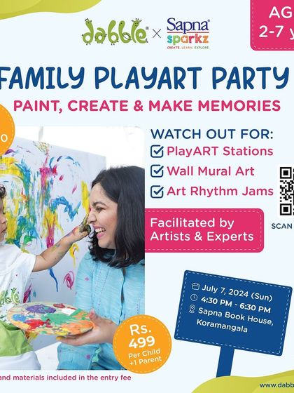 An announcement for our Family Playart Party, highlighting the key activities like PlayArt stations and a wall mural. The QR code makes it super easy for parents to register.