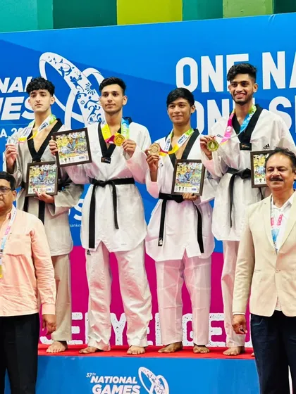 The victory podium at the 37th National Games in Goa. Our champion Ajay Gill stands tall with the Gold medal.