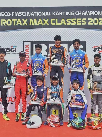 The full podium from Round 4 of the 2024 National Karting Championship, with winners from all classes celebrating together.