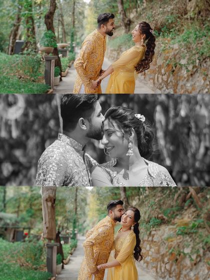 A collage of intimate moments from the Haldi day. It features close-ups of them holding hands and sharing kisses, beautifully captured in both color and black and white.