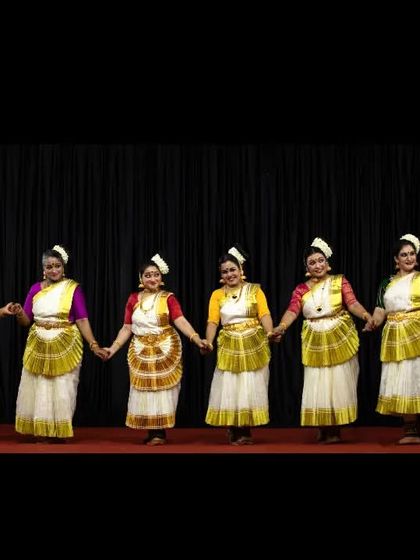 Our dancers in a line formation during the "Ashtalakshmi" performance at Guruvayur, presenting a visually striking and cohesive stage presence.