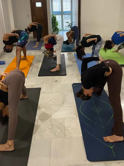 A different angle of our led class, showing the focus and alignment in Prasarita Padottanasana (Wide-Legged Forward Bend).