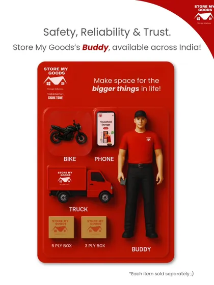 Meet the SMG Buddy! This is my promise of safety, reliability, and trust, all rolled into one. My professional team, sturdy trucks, and quality boxes are available across India to make your move happen.